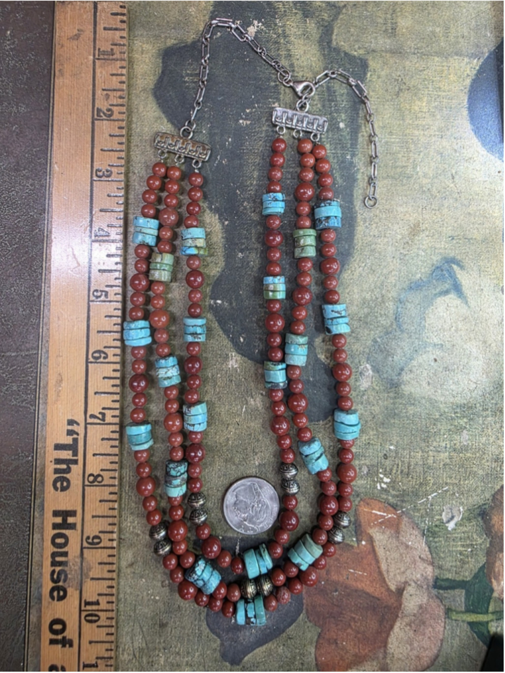 Vintage Signed AVA YETTER 925 Sterling Silver Red Coral Turquoise Necklace 89